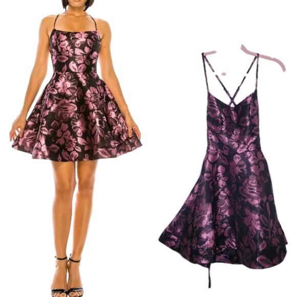 B Darlin Sz 4 Black Pink Floral Mini Skater Back Tie Up Dress Pockets‎ Prom NWT - Picture 1 of 8